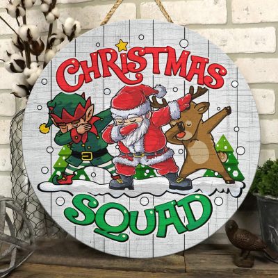Alternative view of Christmas Squad Cute Santa Elf Reindeer Decorative Circle Wooden Door Sign - Front Porch Sign