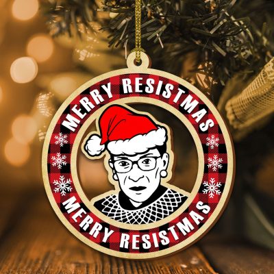Alternative view of Merry Resistmas Ruth Bader Ginsburg Christmas Custom Shaped Wooden Christmas Ornament