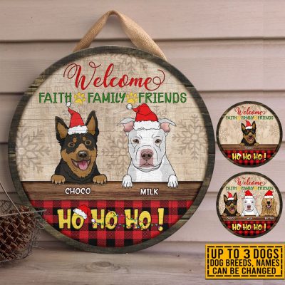 Personalized Dog Breeds Welcome Faith Family Friends Ho Ho Ho Wooden Door Sign - Christmas Front Porch Sign Outdoor