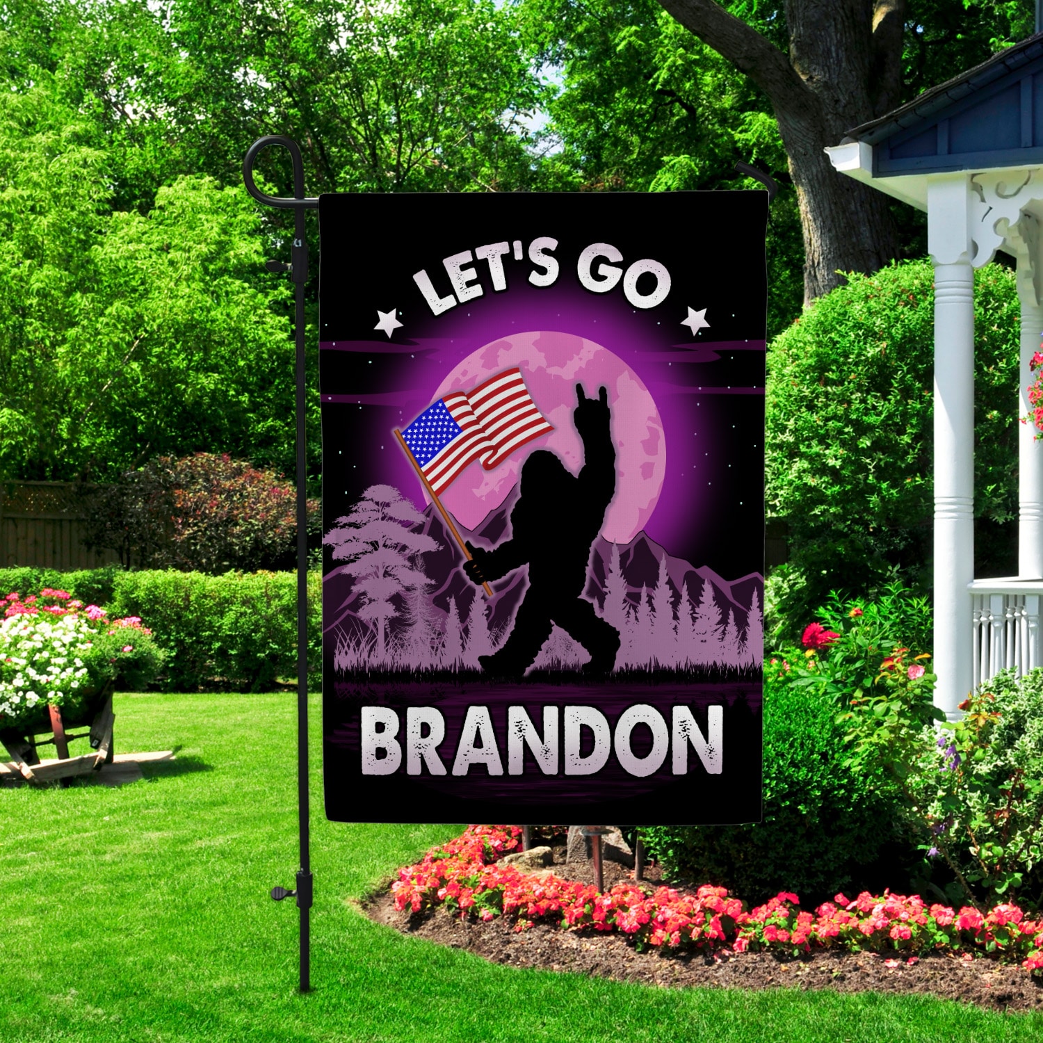 2Th. Bigfoot Let's Go Brandon Garden Flag Mockup 2