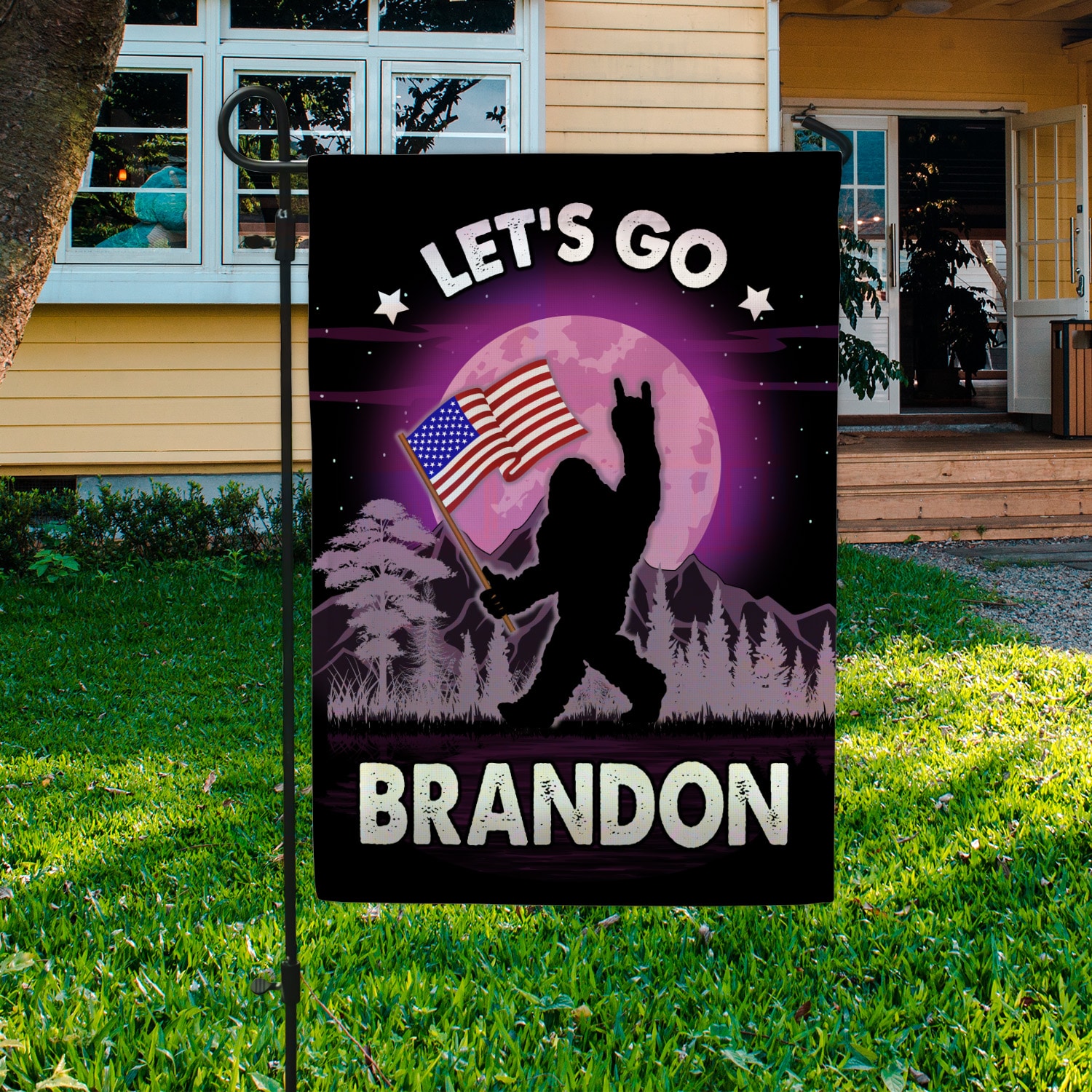 2Th. Bigfoot Let's Go Brandon Garden Flag Mockup 3