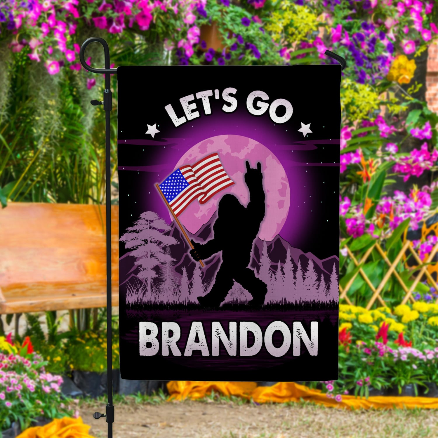 2Th. Bigfoot Let's Go Brandon Garden Flag Mockup 4