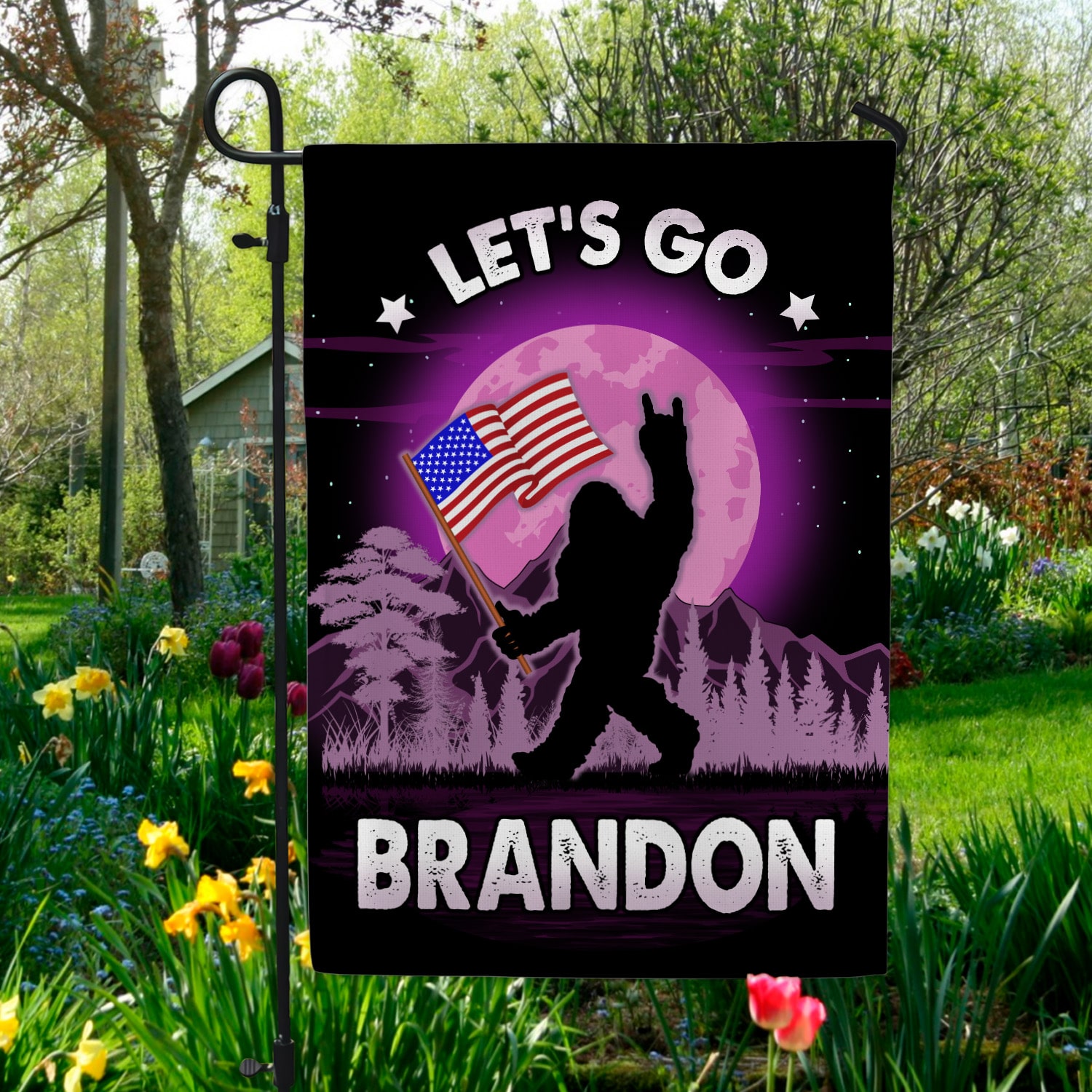 2Th. Bigfoot Let's Go Brandon Garden Flag Mockup 5