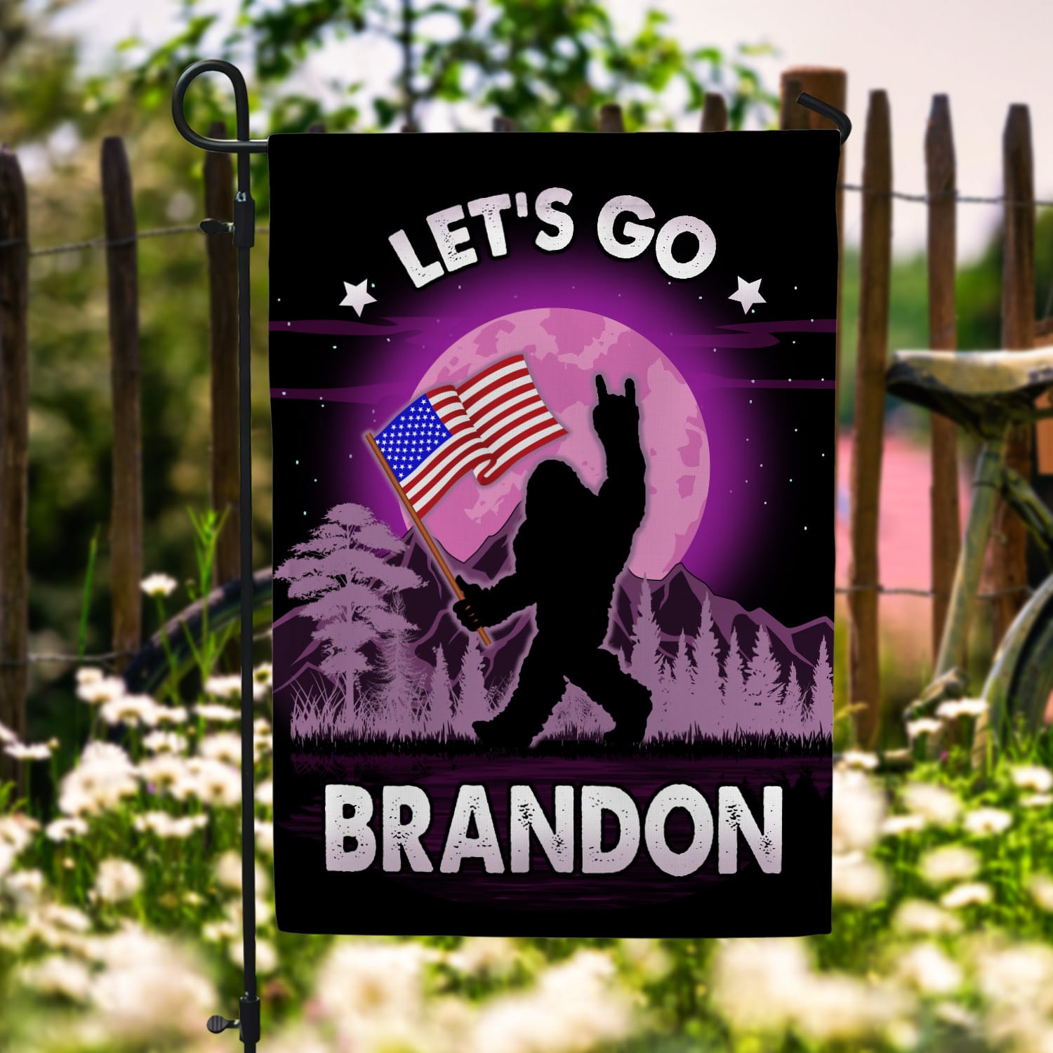 2Th. Bigfoot Let's Go Brandon Garden Flag Mockup 6