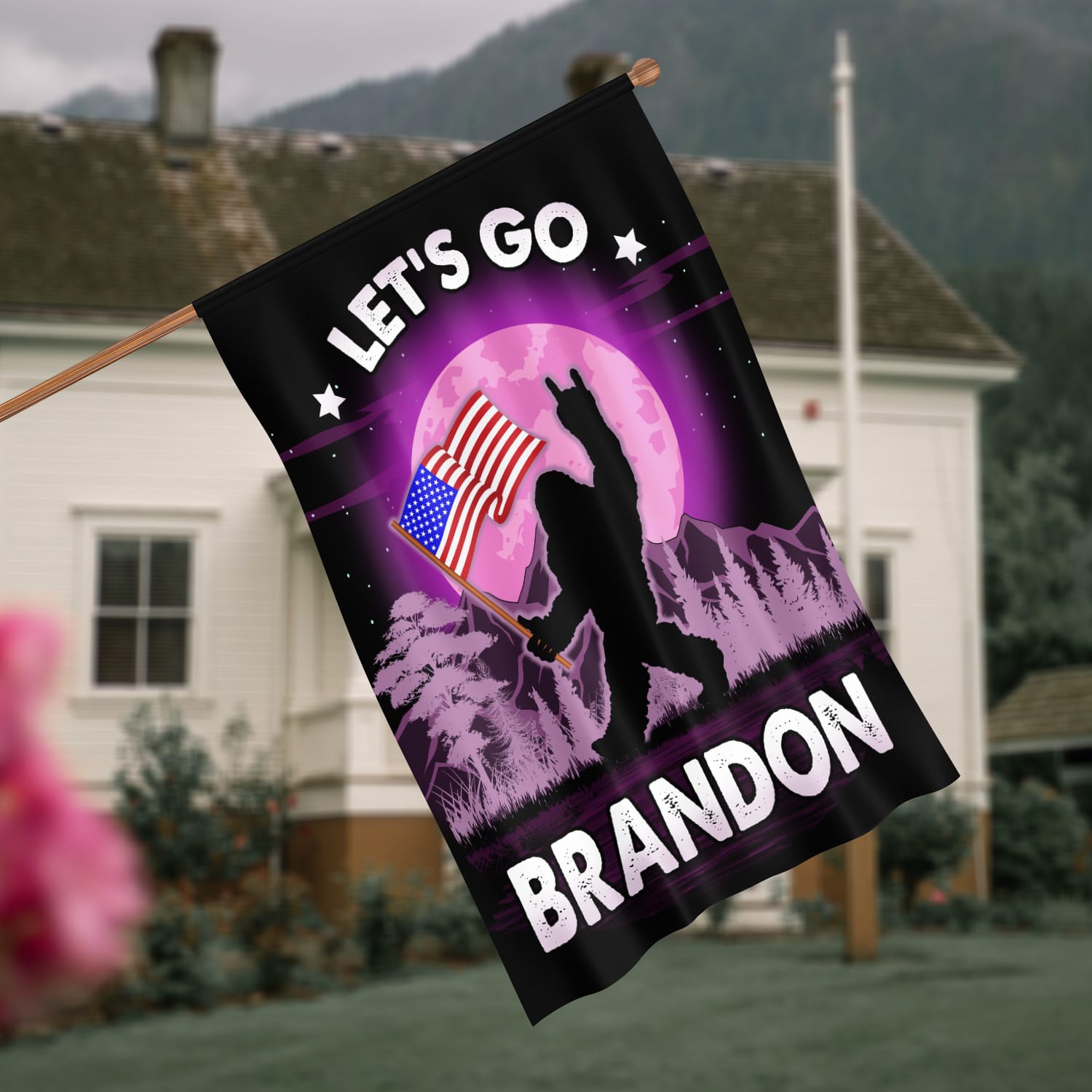 2Th. Bigfoot Let's Go Brandon House Flag Mockup 4