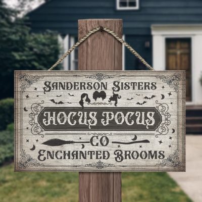 Hocus Co Enchanted Brooms Decorative Rectangle Wooden Door Sign - Front Porch Sign Indoor Outdoor Decor Farmhouse