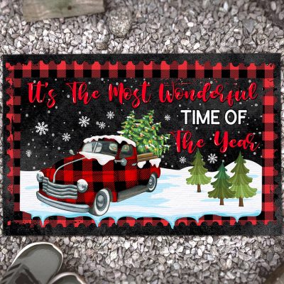 It's the Most Wonderful Time of The Year Buffalo Plaid Christmas Truck Entrance Indoor Outdoor Decorative Doormat