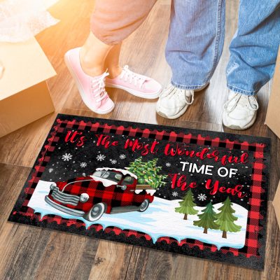 Alternative view of It's the Most Wonderful Time of The Year Buffalo Plaid Christmas Truck Entrance Indoor Outdoor Decorative Doormat