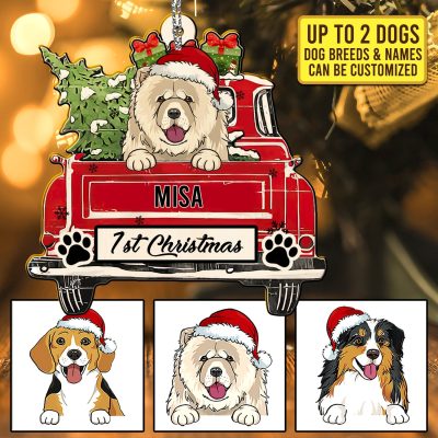 Alternative view of Personalized Dog Breed First Christmas Red Truck Custom Shaped Wooden Christmas Ornament Keepsake