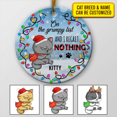 Alternative view of Personalized Angry Cat On The Grumpy List And I Regret Nothing Circle Christmas Ornament Keepsake