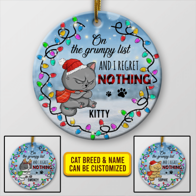 Personalized Angry Cat On The Grumpy List And I Regret Nothing Circle Christmas Ornament Keepsake