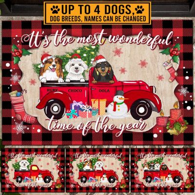 Custom Dog Breeds It's The Most Wonderful Time Of The Year Red Truck Christmas House Doormat - Outdoor Indoor Doormat