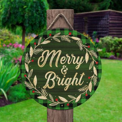 Alternative view of Merry And Bright Decorative Circle Wooden Door Sign - Front Porch Sign