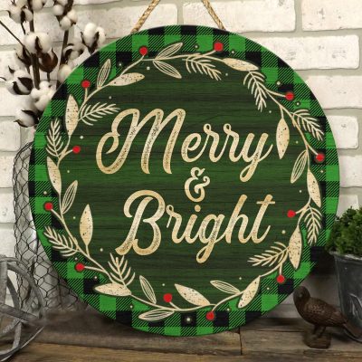 Merry And Bright Decorative Circle Wooden Door Sign - Front Porch Sign