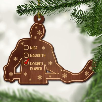 Alternative view of Nice Naughty Hockey Player Custom Shaped Wooden Christmas Ornament