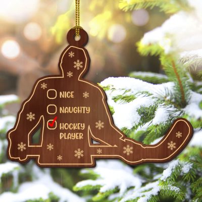 Nice Naughty Hockey Player Custom Shaped Wooden Christmas Ornament