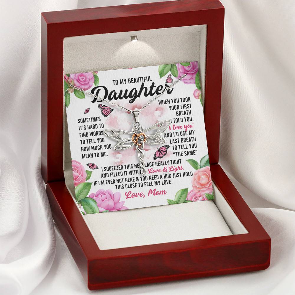 Sometimes It’s Hard to Find Words I Love You Mom Daughter Gift Dragonfly Pendant Necklace