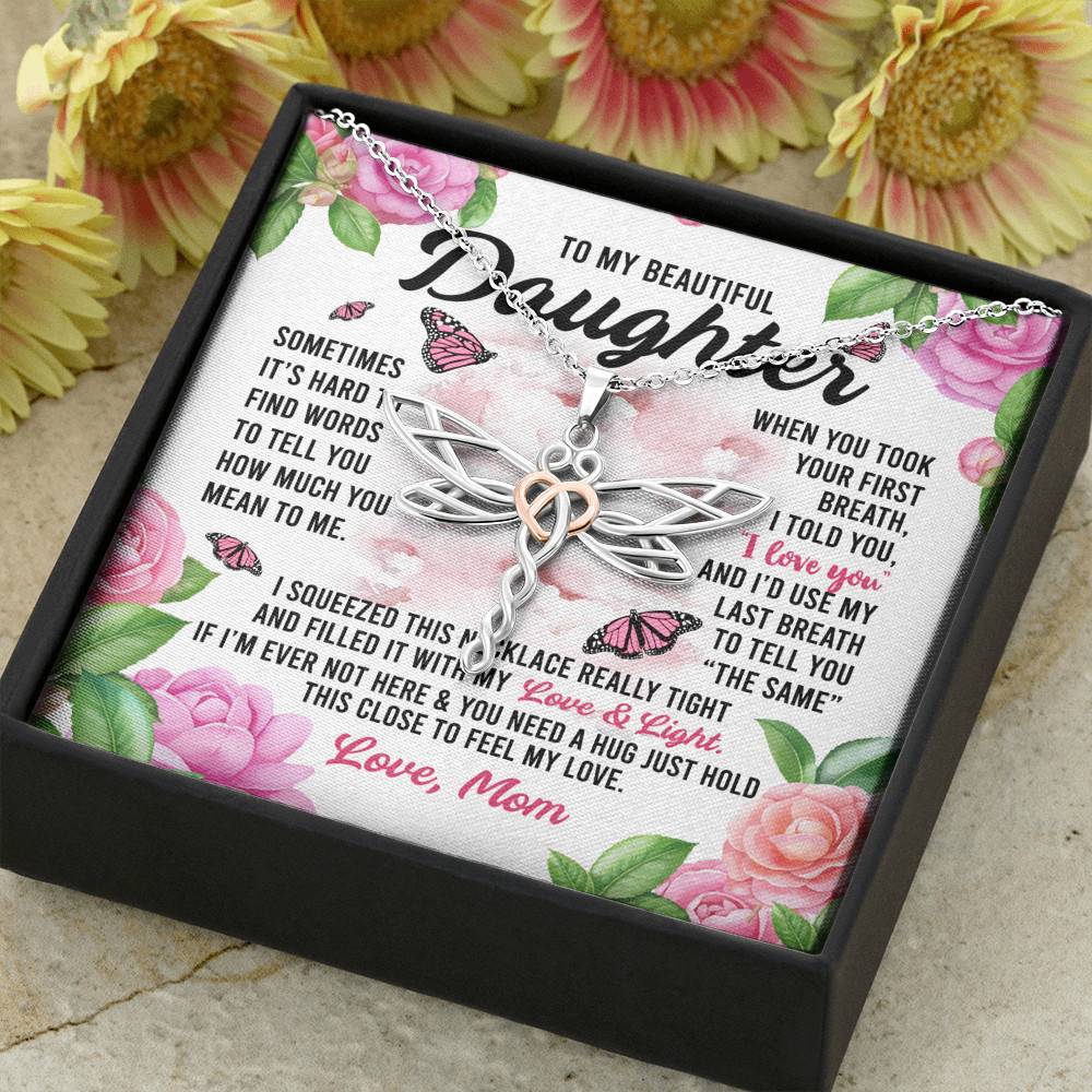 Sometimes It’s Hard to Find Words I Love You Mom Daughter Gift Dragonfly Pendant Necklace