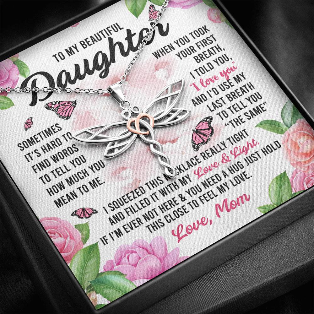 Sometimes It’s Hard to Find Words I Love You Mom Daughter Gift Dragonfly Pendant Necklace