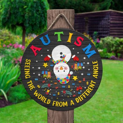Alternative view of Autism Seeing The World From A Different Angle Snowman Christmas Decorative Circle Wooden Door Sign - Front Porch Sign