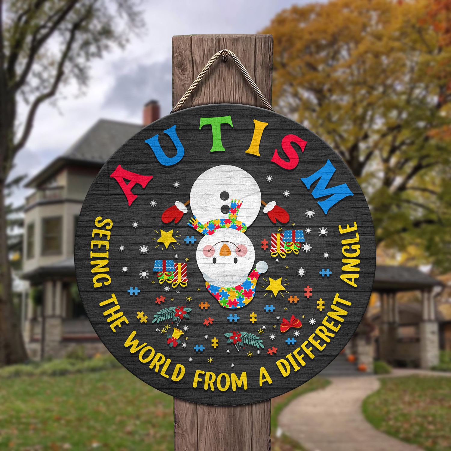 2Th. Autism Seeing The World Door Sign (snowman) Door Sign Mockup 3