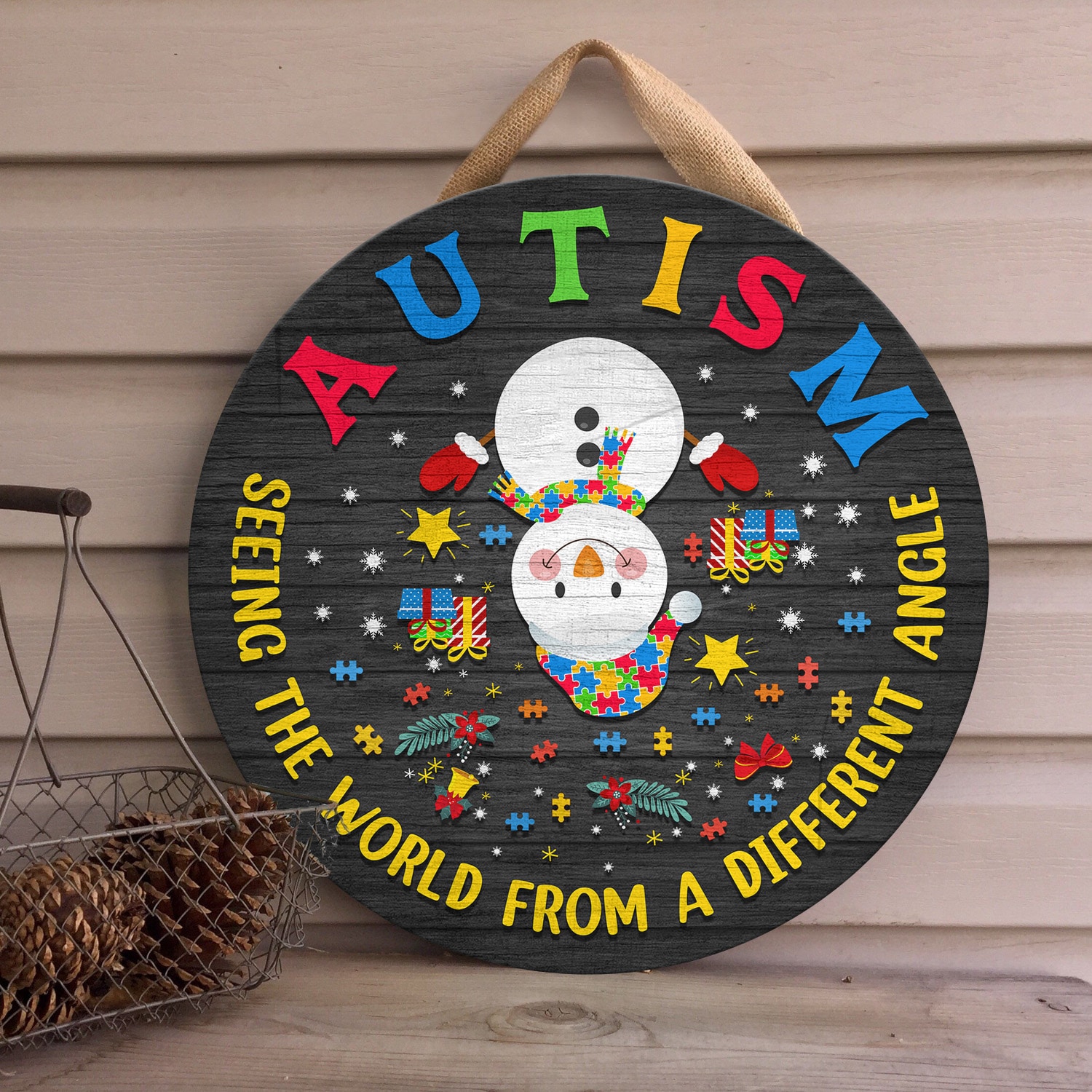 2Th. Autism Seeing The World Door Sign (snowman) Door Sign Mockup 4