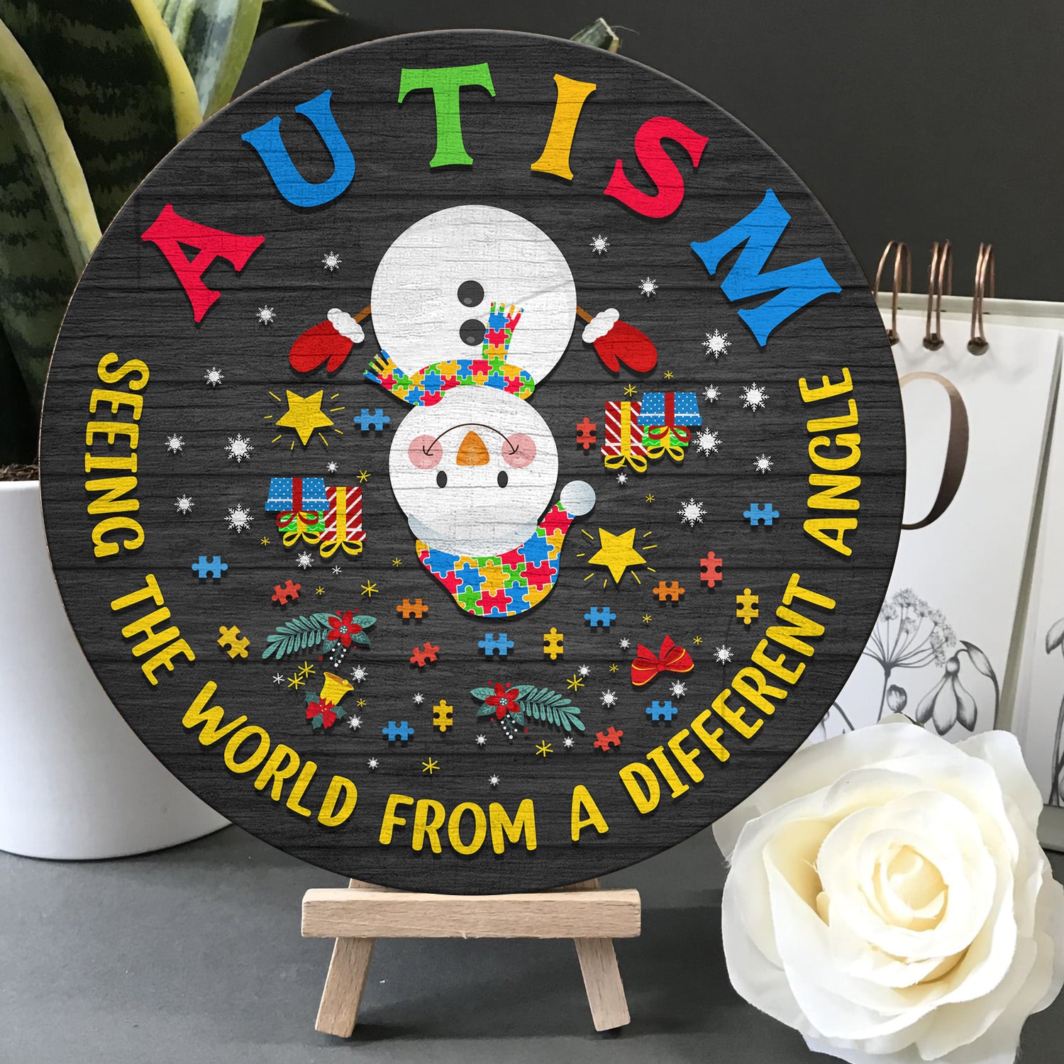 2Th. Autism Seeing The World Door Sign (snowman) Door Sign Mockup 5