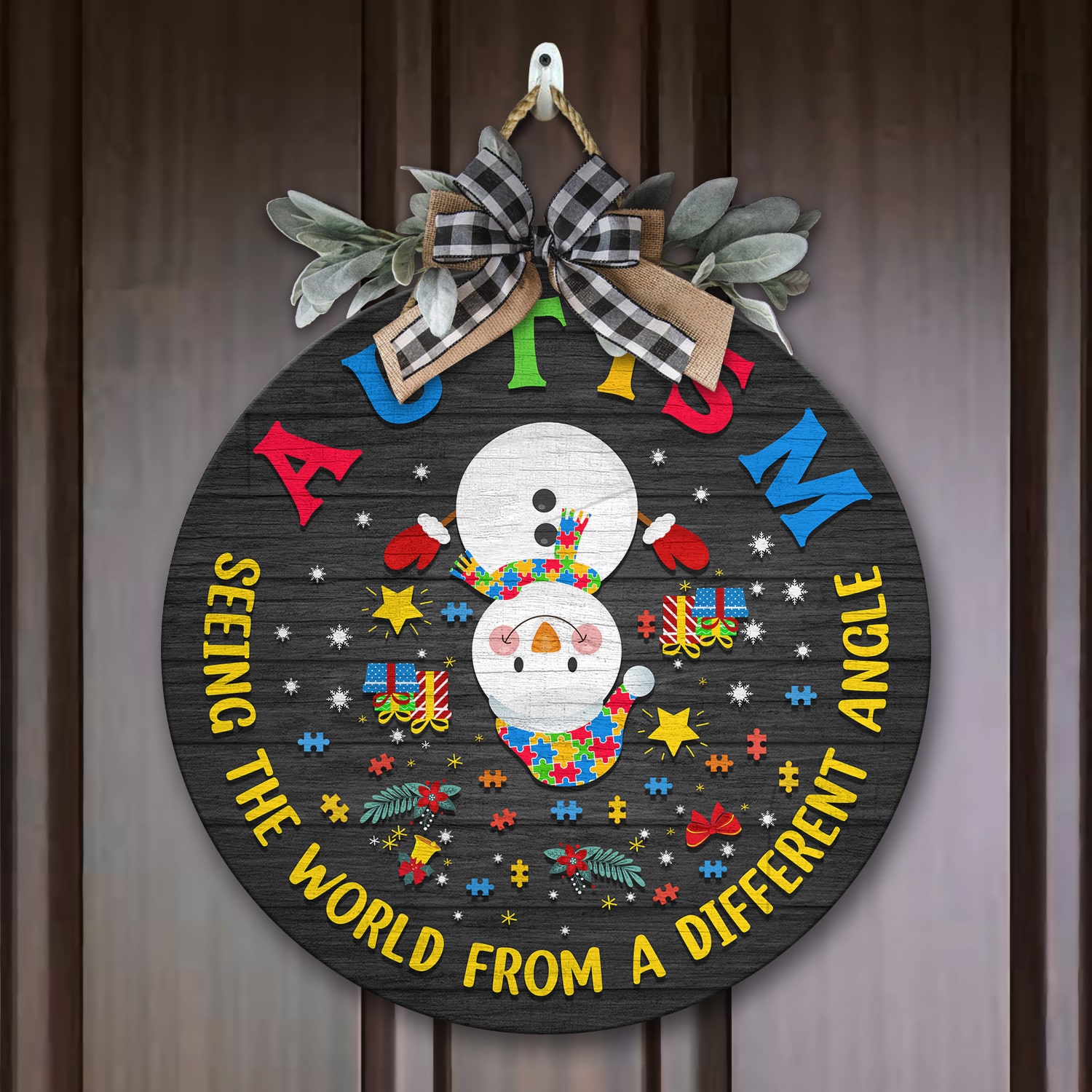 2Th. Autism Seeing The World Door Sign (snowman) Door Sign Mockup 7