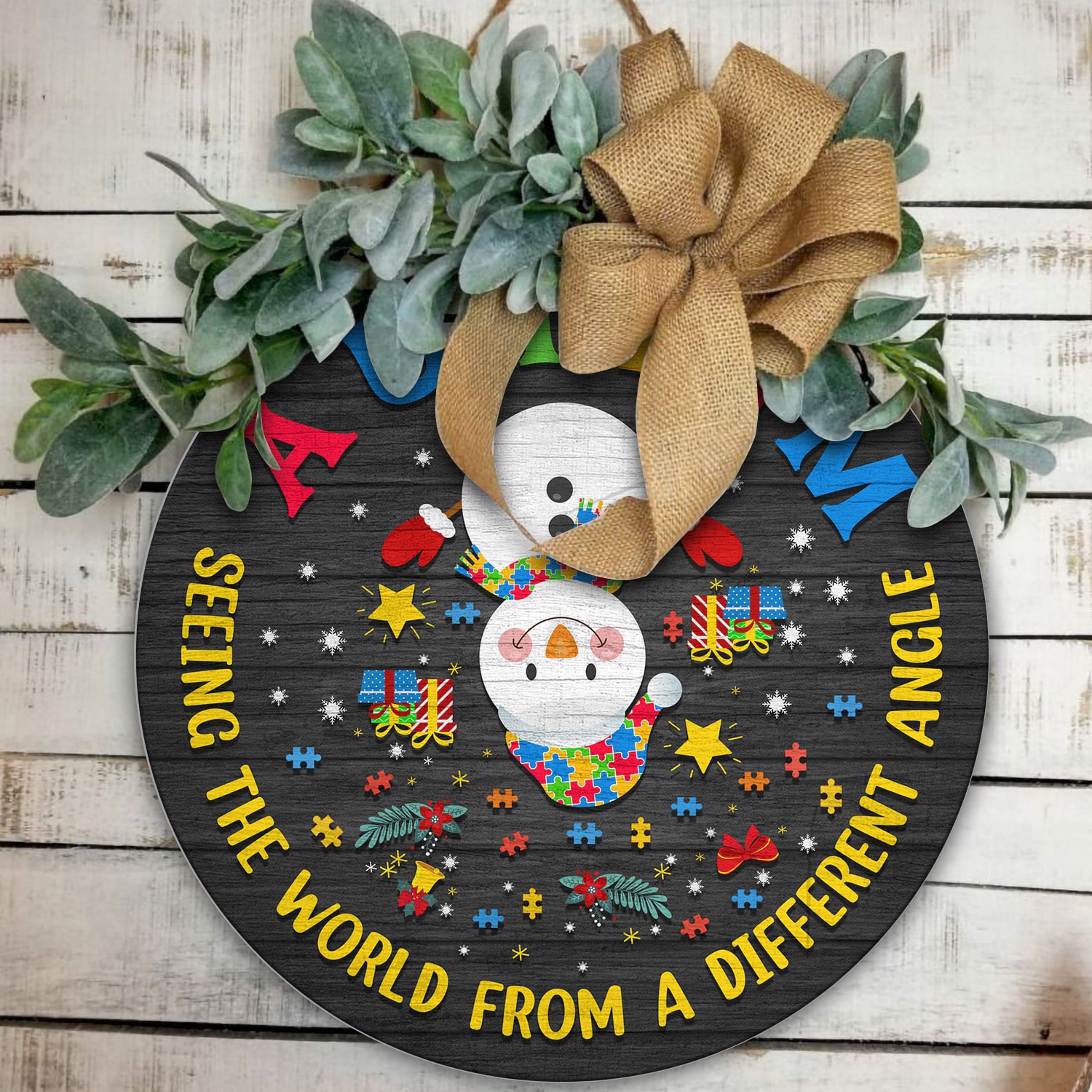 2Th. Autism Seeing The World Door Sign (snowman) Door Sign Mockup 11