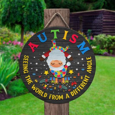 Alternative view of Autism Seeing The World From A Different Angle Cute Santa Claus Decorative Circle Wooden Door Sign - Front Porch Sign