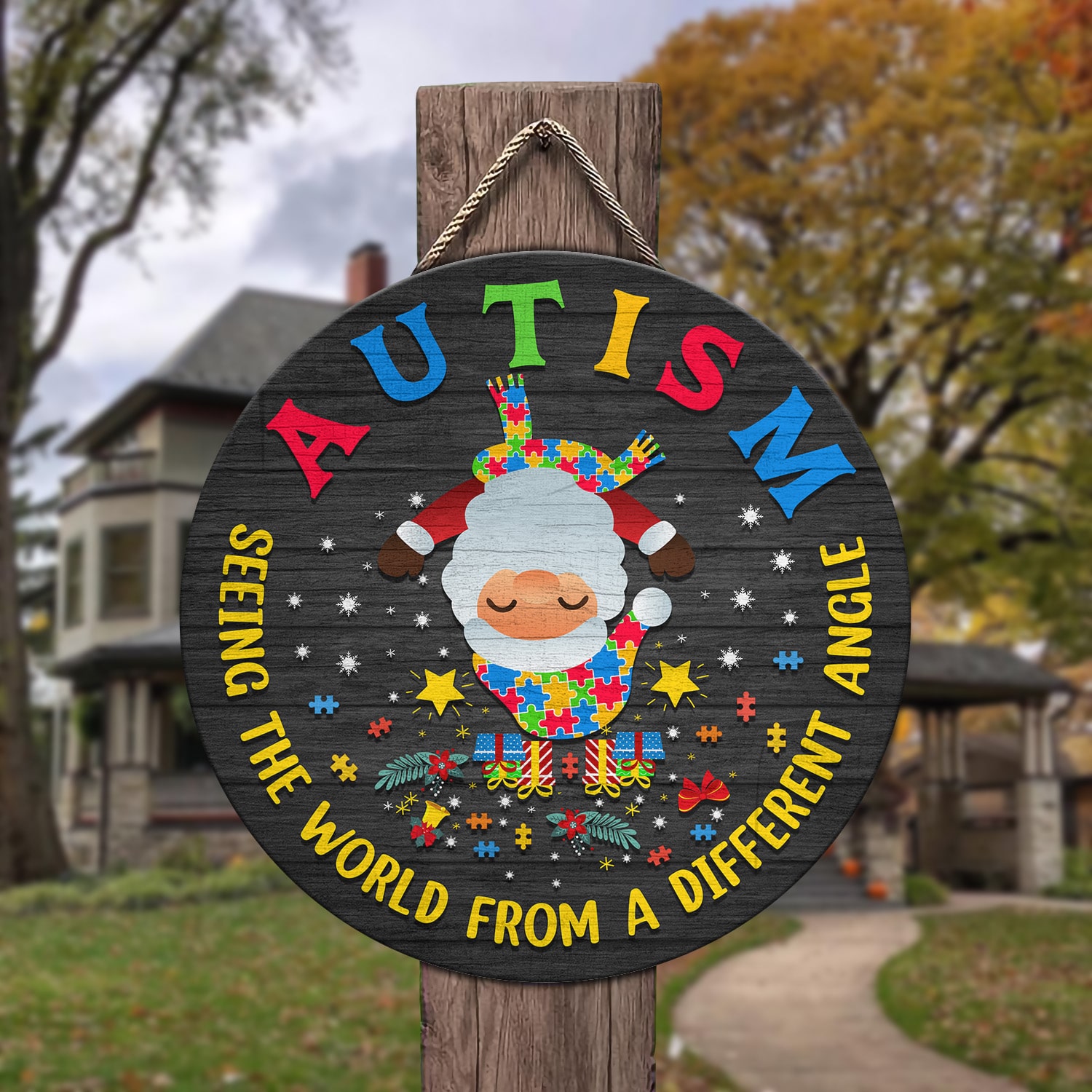 2Th. Autism Seeing The World Door Sign (santa claus) Door Sign Mockup 3