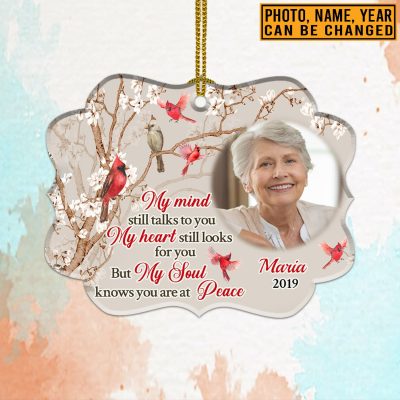Alternative view of Custom Photo My Mind Still Talks To You Cardinal Personalized Memorial Custom Shaped Wooden Christmas Ornament