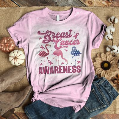 Breast Cancer Awareness American Flamingo Sublimation Bleached T-Shirt - Pink Ribbon Cancer Shirt