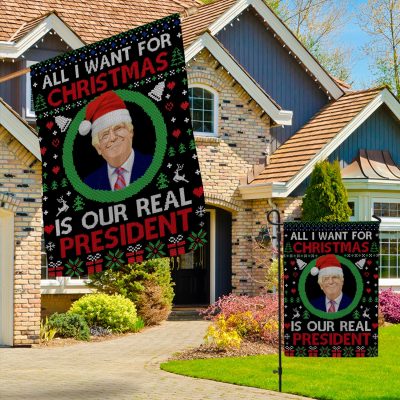 Alternative view of All I Want For Christmas Is Our Real President Funny Trump Wear Santa Hat Decorative Garden Flag - House Flag