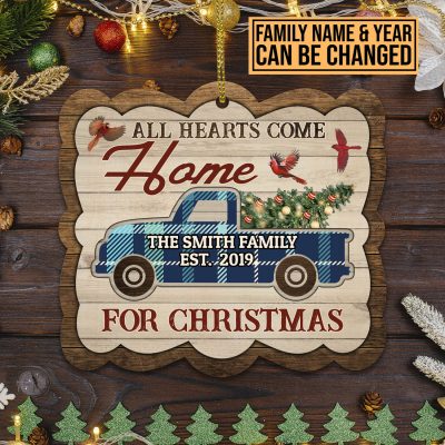 Alternative view of All Hearts Come Home For Christmas Custom Shaped Wooden Christmas Ornament - Personalized Family Name Ornament