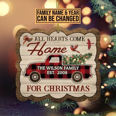 All Hearts Come Home For Christmas Custom Shaped Wooden Christmas Ornament - Personalized Family Name Ornament