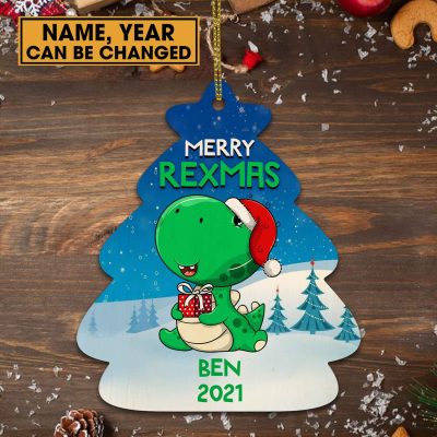 Alternative view of Merry Rexmas Personalized Baby's Name Christmas Custom Shaped Wooden Ornament