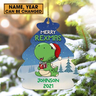 Merry Rexmas Personalized Baby's Name Christmas Custom Shaped Wooden Ornament
