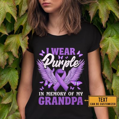 Personalized Name I Wear Purple Alzheimers Pancreatic Awareness T-Shirt - V-Neck Shirt
