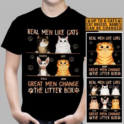 Alternative view of Personalized Cat Breed Real Men Like Cats Great Men Change The Litter Box Funny Cat Dad T-Shirt