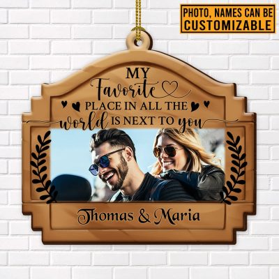 Alternative view of Personalized Photo My Favorite Place In All The World Is Next To You Custom Shaped Wooden Christmas Ornament