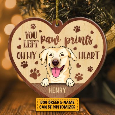 Alternative view of You Left Paw Prints On My Heart Personalized Dog Breed Custom Shaped Wooden Christmas Ornament