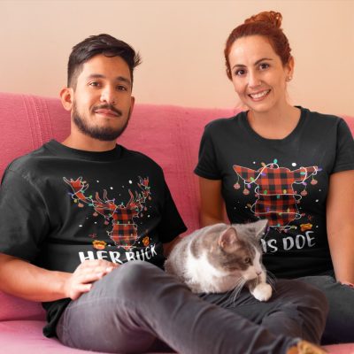 Alternative view of His Doe Reindeer Red Plaid Funny Couples Matching T-Shirt - Hoodie - Sweatshirt - Long Sleeve