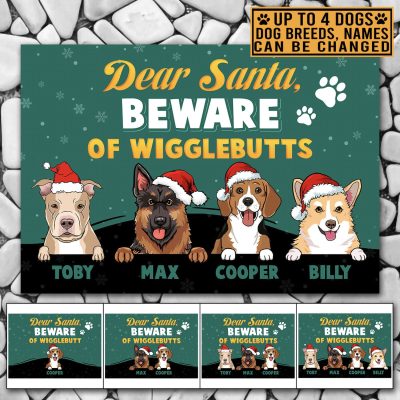 Personalized Dog Breeds Dear Santa Beware Of Wigglebutts House Doormat - Custom Christmas Dog Outdoor Mat