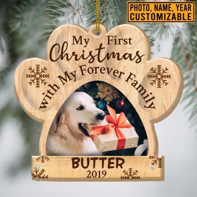 Alternative view of Personalized Dog My First Christmas With My Forever Family Dog Paw Print Custom Shaped Wooden Christmas Ornament