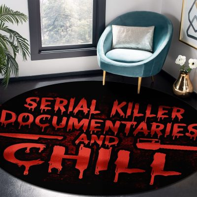 Alternative view of Serial Killer Documentaries And Chill Halloween Decorative Indoor Round Rug - Funny Halloween Horror Rug