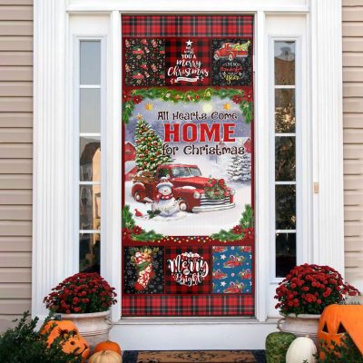 All Hearts Come Home For Christmas Red Truck Decorative Front Door Cover - Christmas Door Cover Decoration