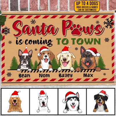 Santa Paws Is Coming To Town Personalized Dog Christmas Indoor Doormat - Custom Dog Breed Christmas Outdoor Mat