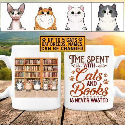 Alternative view of Time Spent With Cats And Books Is Never Wasted Personalized Cat Breed Coffee Mug - Water Bottle