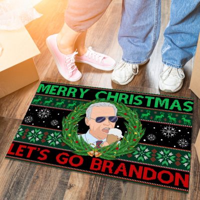 Alternative view of Merry Christmas Let's Go Brandon Funny Ugly Christmas Santa Biden Eating Cream Entrance Indoor Outdoor Decorative Doormat